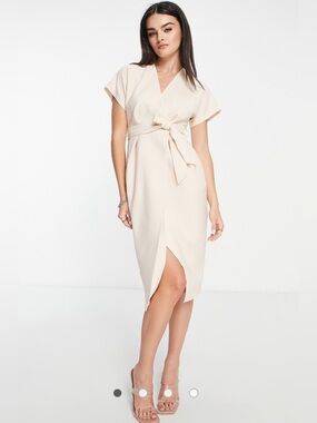 Close London Elegant Cream Wrap-Front Midi Dress with Tie Waist Size 12 NWT